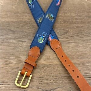 The Rugged Bear Fish canvas and Tan Leather Belt Size 30 Brass Buckle